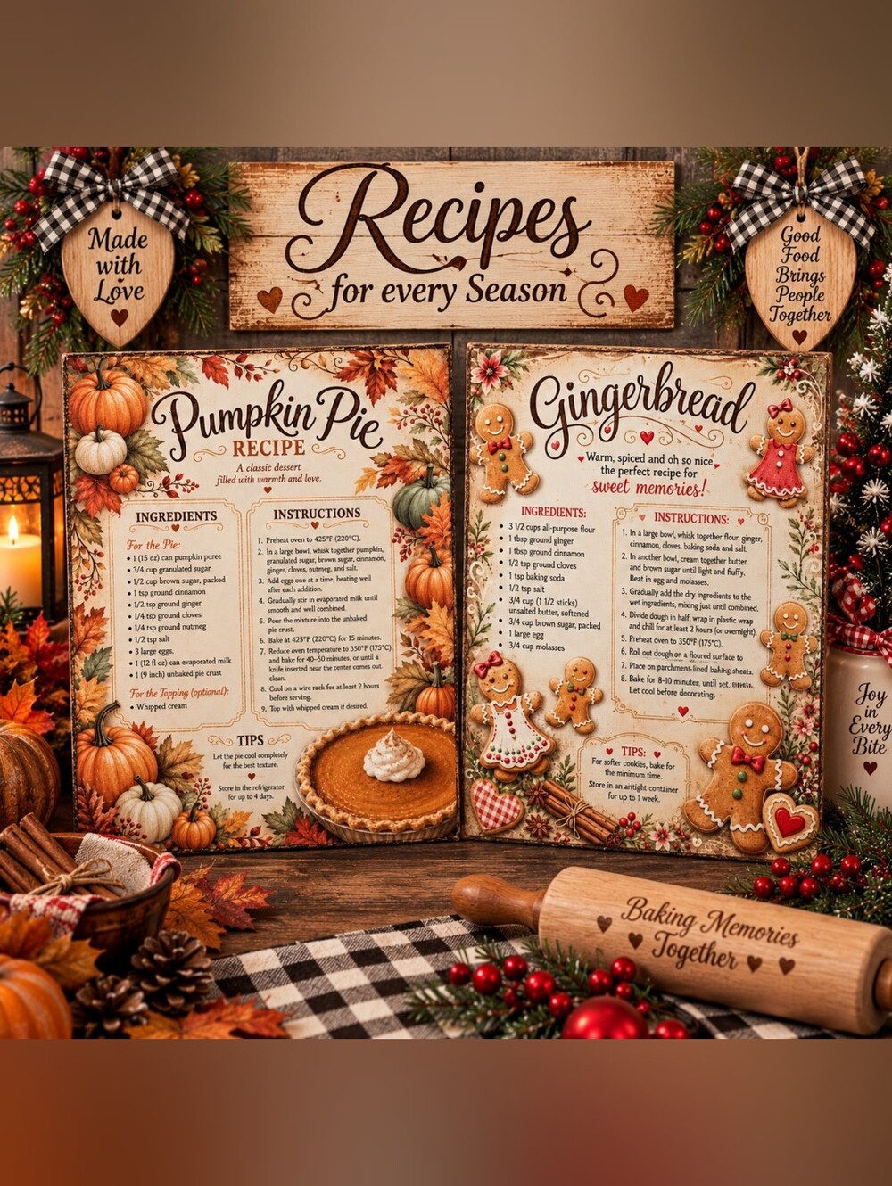 Hand Crafted Gingerbread And Pumpkin Pie Double Sided Recipe Plaque